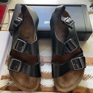 Birkenstocks black leather strap back strap